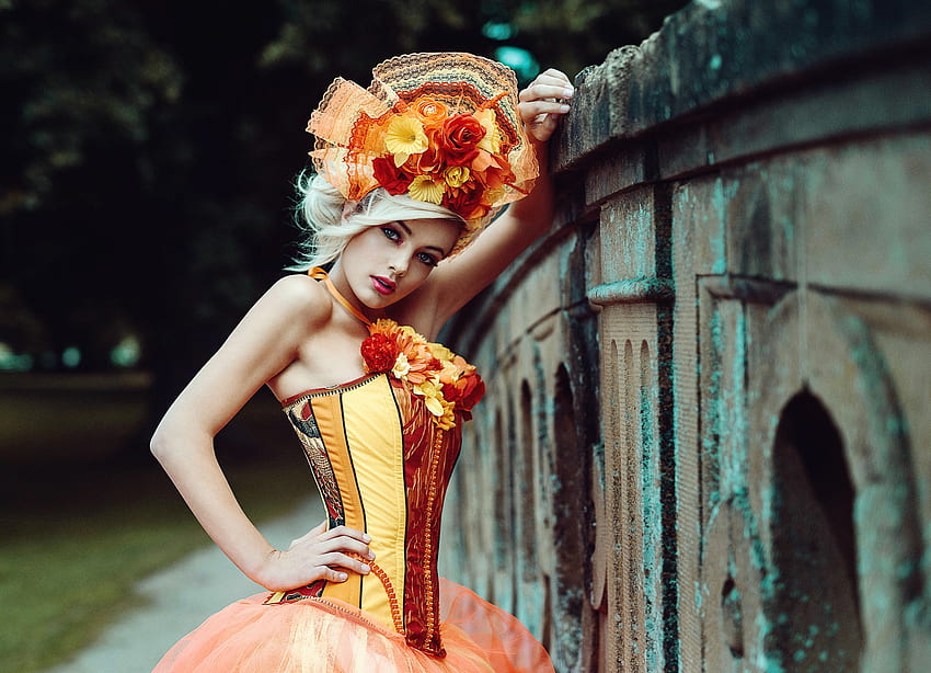 3840x2160px 4k Free Download Beauty Corset Model Flower Girl Orange Woman Hd Wallpaper 