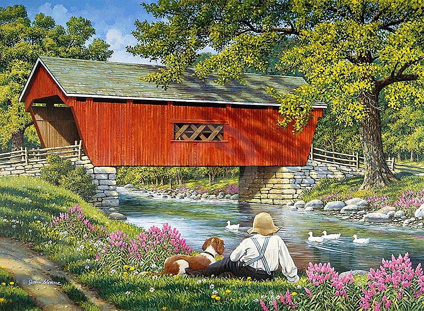 The First Full Day of Summer, dog, covered, creek, painting, boy, trees, bridge, flowers HD wallpaper