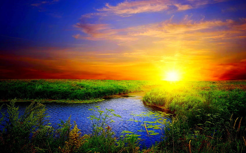 SUNSET HORIZON, landscape, nature, sunset, pond HD wallpaper
