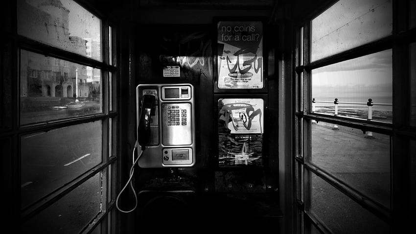 phone, booth, black white, city HD wallpaper