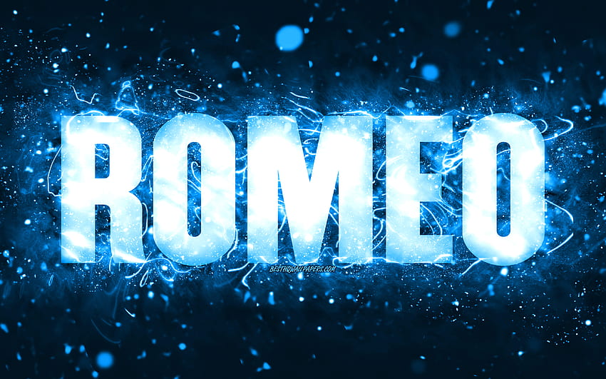 Happy Birtay Romeo, , blue neon lights, Romeo name, creative, Romeo Happy Birtay, Romeo Birtay, popular american male names, with Romeo name, Romeo HD wallpaper