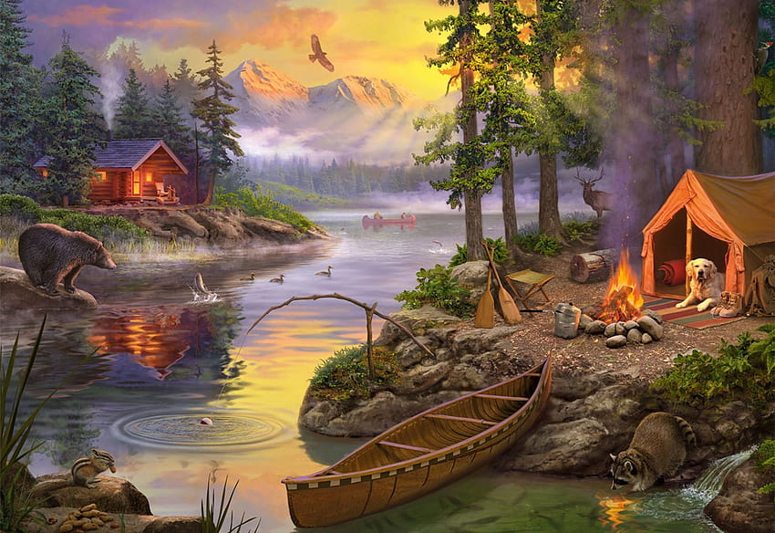 The Lake House, artwork, boat, painting, trees, tent, campfire, mountains, cabin, bear HD wallpaper