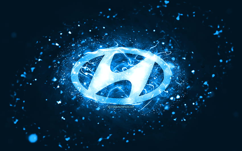 Hyundai blue logo, , сини неонови светлини, творчески, син абстрактен фон, Hyundai лого, марки автомобили, Hyundai HD тапет