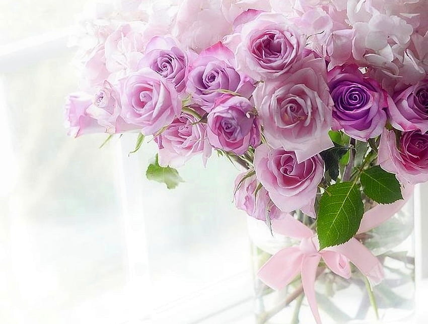 ✿⊱•╮Pastel in Window╭•⊰✿, pastel, beloved valentines, graphy, roses, lovely still life, still life, love four seasons, pink, lavender, nature, flowers, romantic, chic HD wallpaper