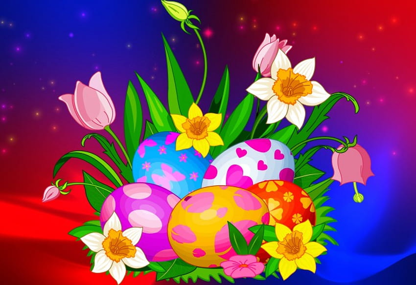 Happy easter, colorful, beautiful, tulips, eggs, background, holiday, pretty, freshness, flowers, happy, easter, lovely HD wallpaper