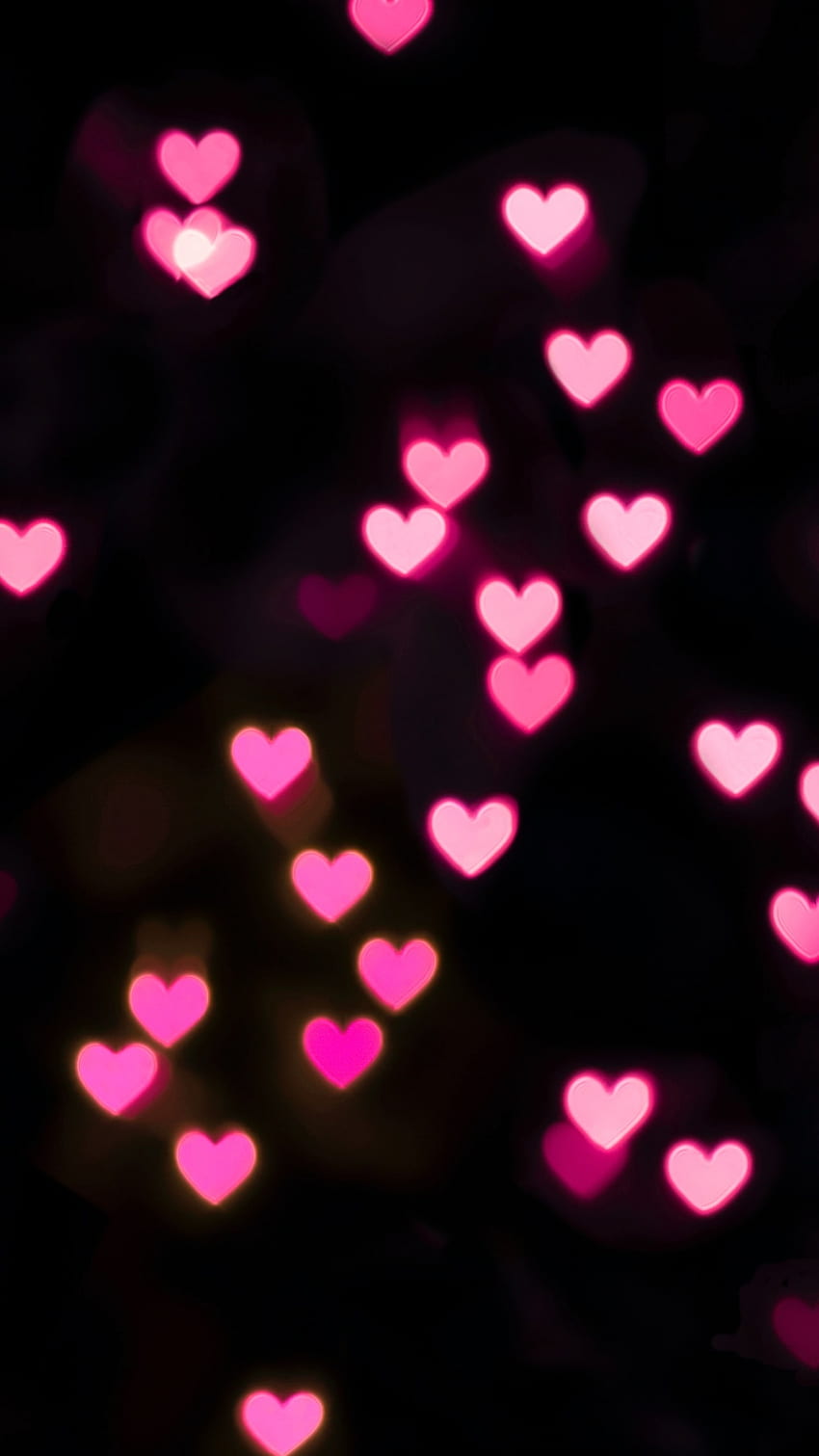 Coeurs roses, fond noir, bokeh, lumières rougeoyantes, vibrant, flou, forme de coeur, noir foncé Fond d'écran de téléphone HD