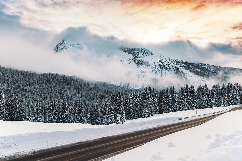 Winter, Nature, Mountains, Snow, Road, Fog HD wallpaper