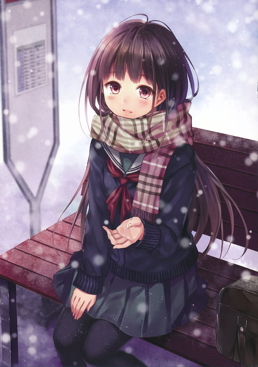 Anime, Girl, Original, Snow, Winter, Beauty, School, Uniform / and ...