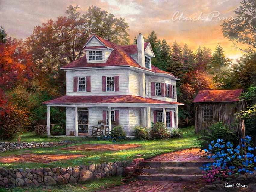 Stone Terrace Farm, obras de arte, pintura, caminho, árvores, flores, casa de campo, campo papel de parede HD