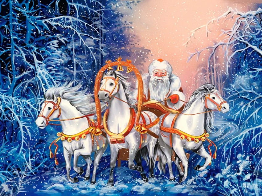 rangkap tiga Rusia dengan Sinterklas, musim dingin, es, Rusia, seni, rangkap tiga, kuda, lukisan, salju, natal, hutan, santa, tahun baru Wallpaper HD