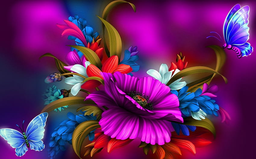 Abstrakcyjne kwiaty, kwiaty, abstrakcyjne, motyle, ładne Tapeta HD
