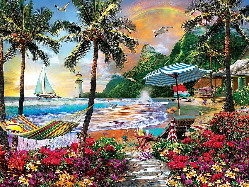 Paradise Beach - Hawaiian Life, boat, palms, sea, birds, umbrellas, path, hammock, Lighthouse, artwork, digital, flowers, sunset HD wallpaper