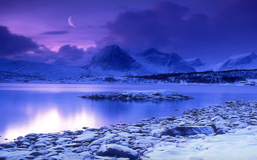 Cold Mountain Lake, nuit, lune, froid, pont, nature, rochers, lac, montagne Fond d'écran HD