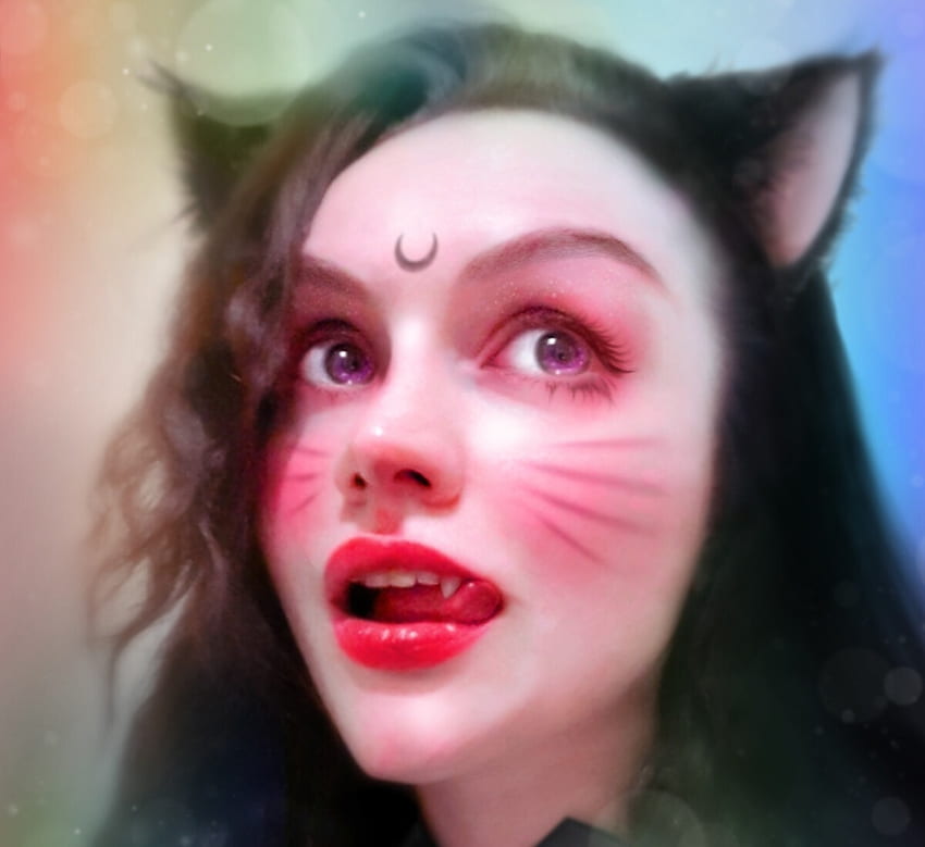 Cat girl, fantasy, pisici, tuna ferit, face, cat, girl, tongue, frumusete, pink, luminos HD wallpaper