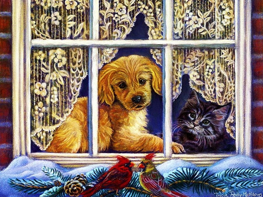 Разговор на прозореца, произведение на изкуството, кученце, птици, дете, , сняг, Коледа HD тапет