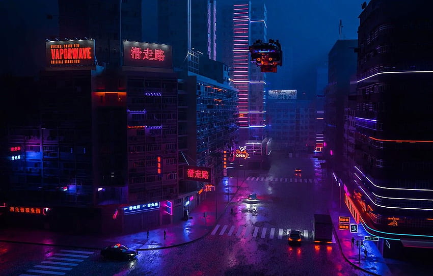 Night, The city, Street, Style, Machine, Building, Style, Fiction, Neon, Rendering, Illustration, Transport, Cyber, Cyberpunk, Synth, Retrowave for , section рендеринг papel de parede HD