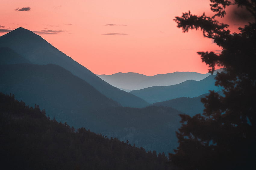 Mountains, horizon, forest, sunset, dusk HD wallpaper