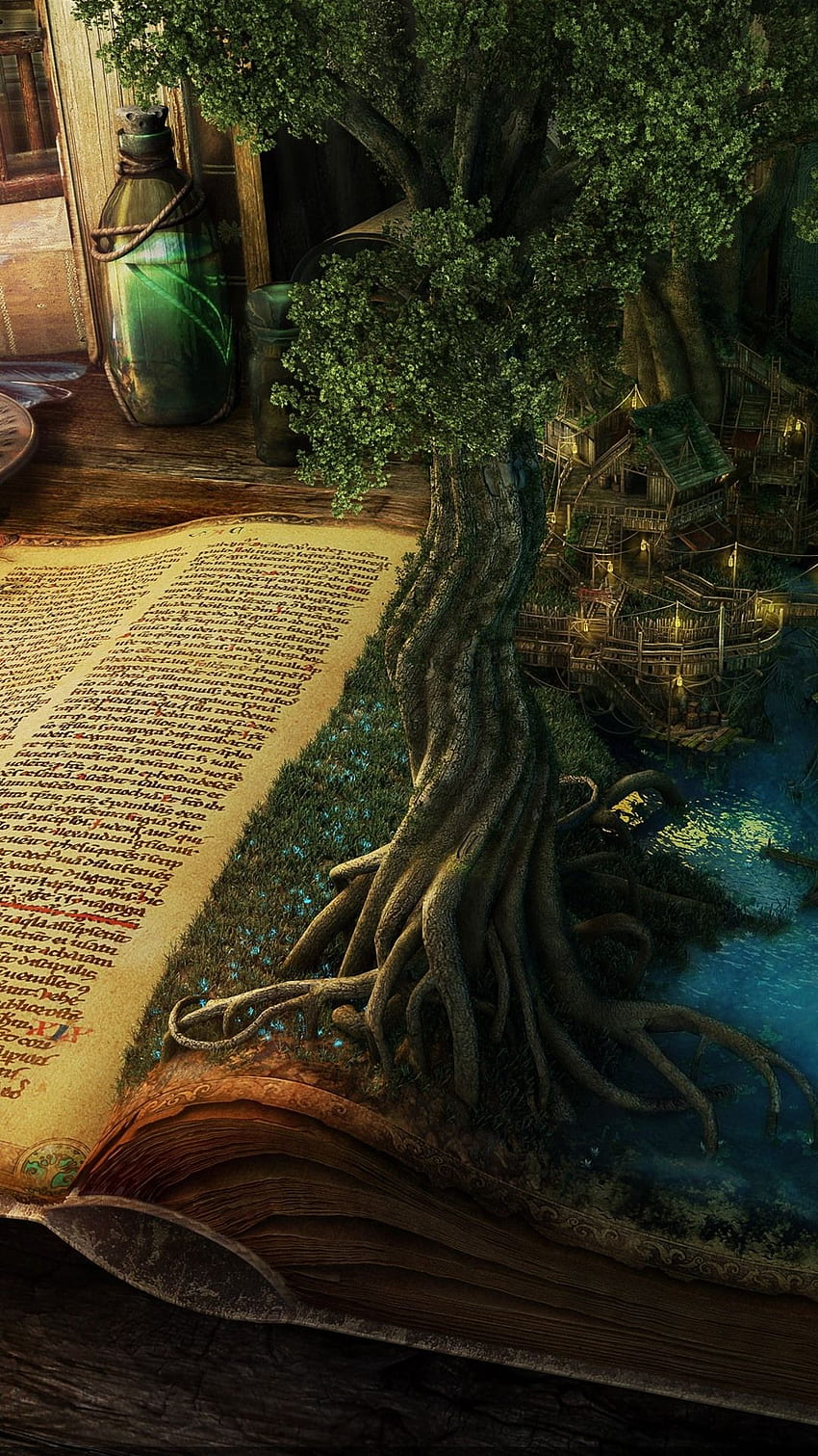 Магическа книга, дървета, езеро, къщи, свещ, творчество, магическо дърво HD тапет за телефон