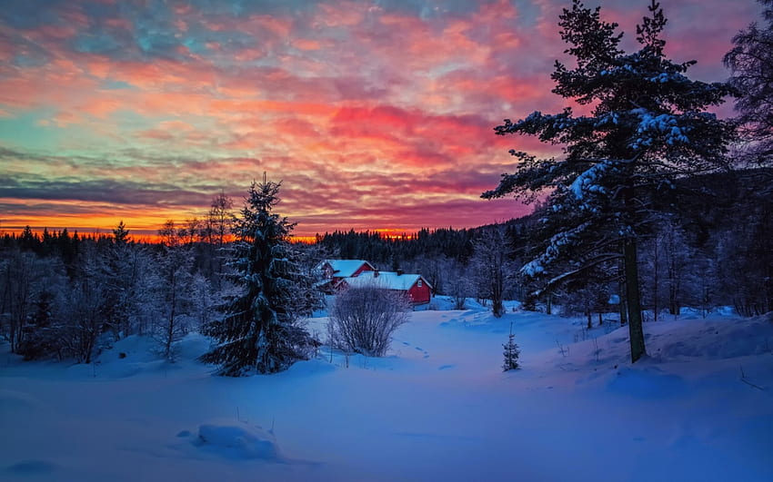 невероятен зимен пейзаж залез r, зима, къща, пейзаж, r, гора, залез HD тапет
