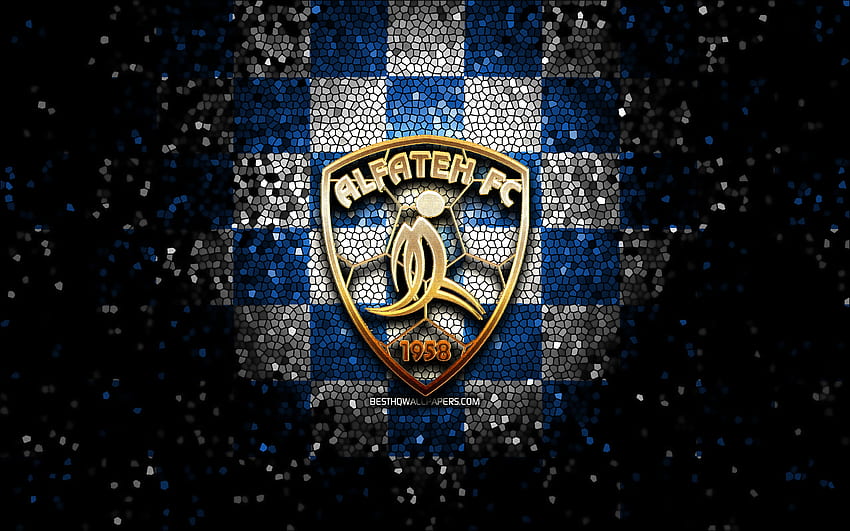 Al-Fateh SC, glitter logo, Saudi Professional League, blue white checkered background, Al Fateh, soccer, saudi football club, Al-Fateh logo, mosaic art, football, Al-Fateh FC HD wallpaper