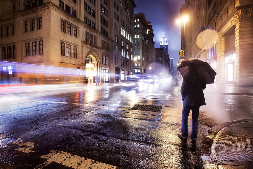 밤, 도시, 기타, 남자, 주로 흐림, 흐린 날씨, 외로움, 우산 HD 월페이퍼