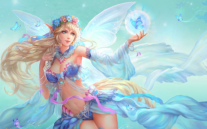 Fairy, blue, wings, frumusete, girl, beauty, pink, butterfly, fantasy, flower, game, luminos, bubble HD wallpaper