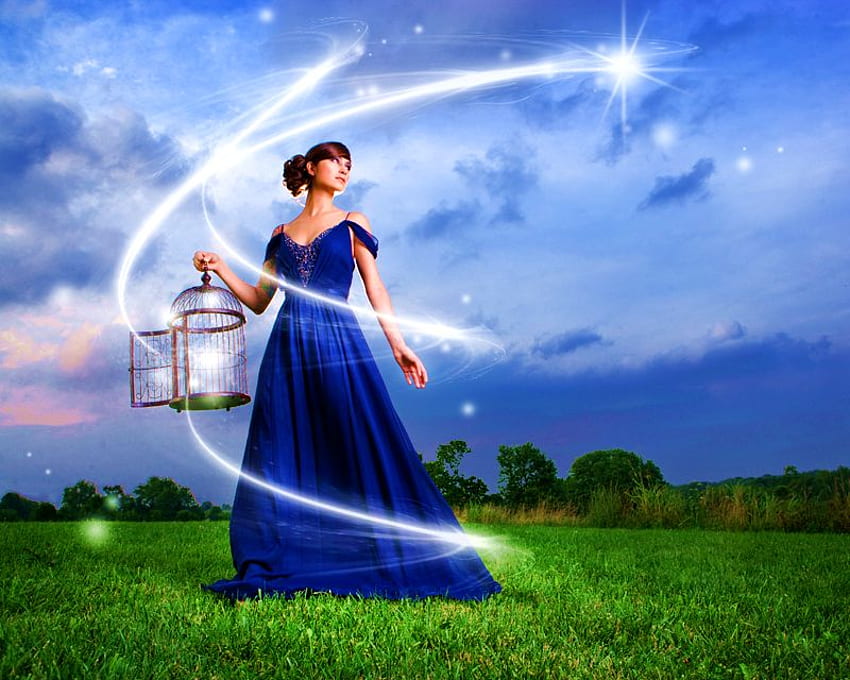 MAGIC OUT FROM CADGE.., blue, dom, grass, dress, woman, field, green, clouds, sky, cadge, lovely HD wallpaper