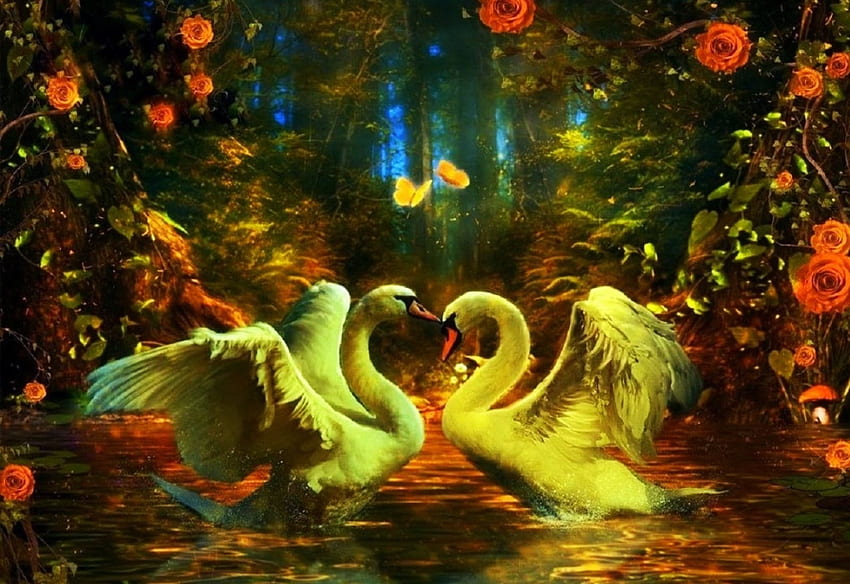 Swans of Heaven, creek, roses, forest, painting, butterfly, trees HD wallpaper