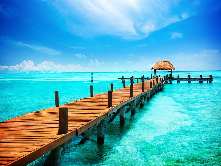 Tropical paradise, sea, summer, tropical, pier, paradise, sun, beach HD wallpaper