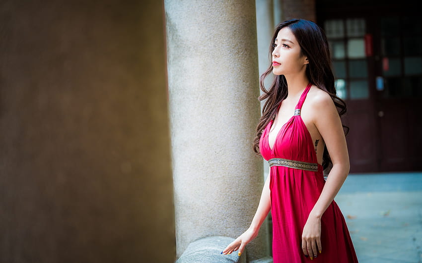 Beauty, dress, asian, red, model, girl, woman HD wallpaper