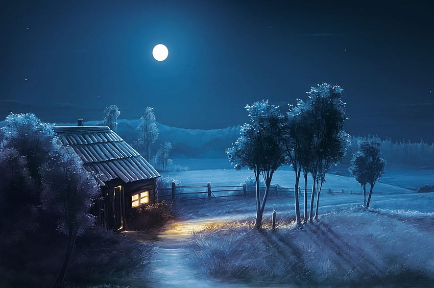 Paisaje de luna llena de noche azul, paisaje de luna de marinero fondo de pantalla