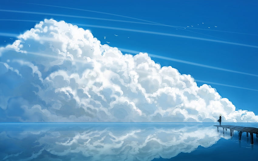 太陽光、海、アニメの女の子、反射、空、氷、地平線、雰囲気、北極、雲、海、波、昼間、コンピューター、地球の雰囲気、風の波、気象現象、積雲。 モカ、曇ったアニメ 高画質の壁紙