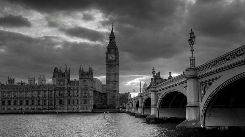 Londres, puente, Big Ben, blanco y negro, Mac en blanco y negro fondo de pantalla