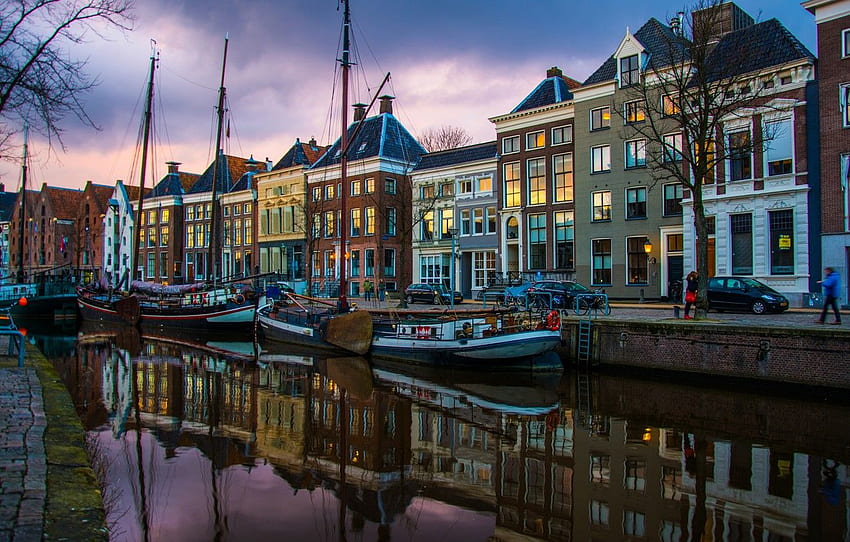 air, refleksi, sungai, rumah, kapal pesiar, malam hari, Groningen Wallpaper HD