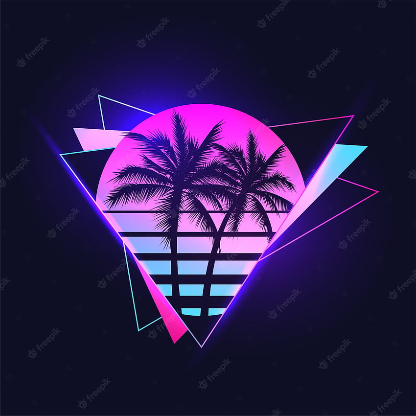 Üstün Vektör. Retrowave veya synthwave veya vaporwave estetik illüstrasyonu soyut üçgen şekiller arka plan üzerinde palmiye ağaçları siluetleri ile vintage degrade renkli gün batımı HD telefon duvar kağıdı