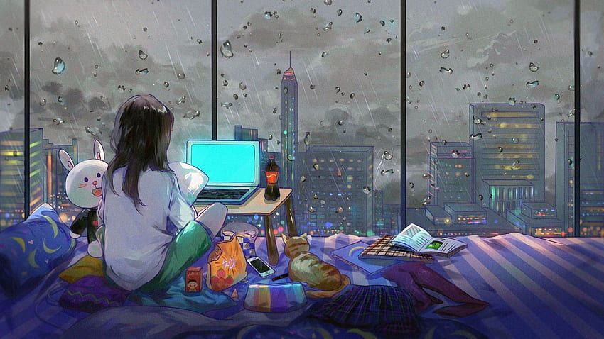 Anime Girl Room City Cat Resolución, Anime Girl Dormitorio fondo de pantalla
