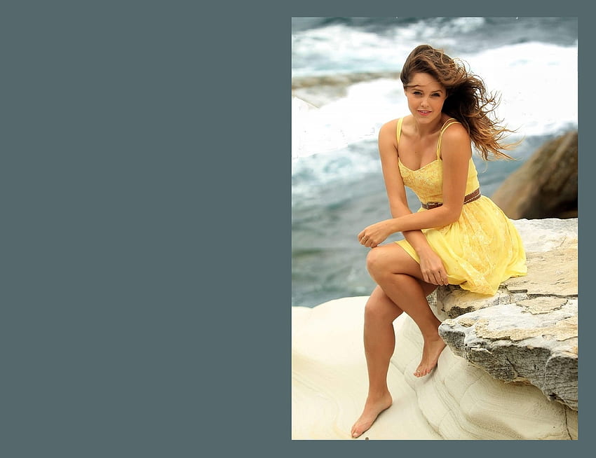 REBECCA BREEDS, wind, sea, brown accent belt, sittting, yellow dress, brinette, rocks, surf, ring HD wallpaper