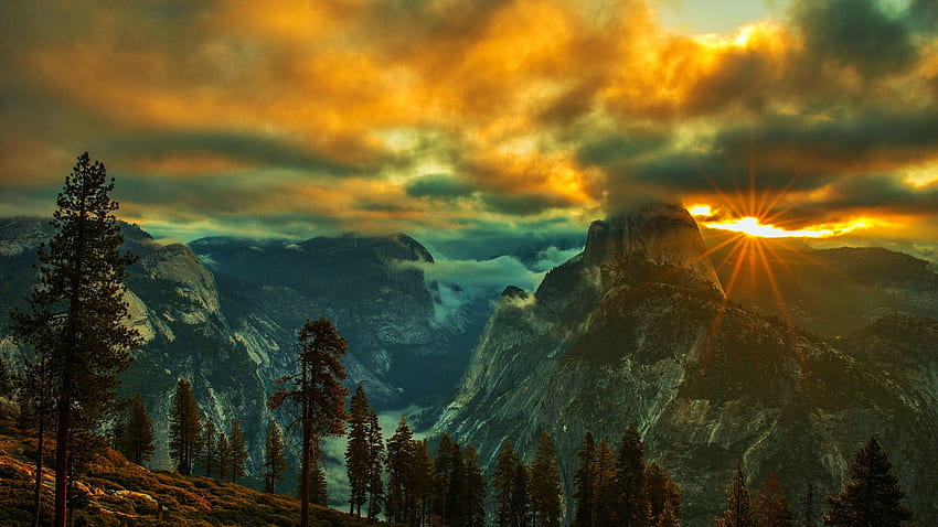 Sunset at Yosemite, california, trees, clouds, sky, rocks, forest ...