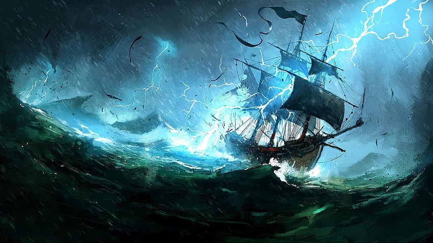 雷雨の間の海の船 アニメーション化されたファンタジーアート ＃海 ＃船 ＃嵐 ＃雷 ビデオゲーム P ＃ウォールパ。 幽霊船アート, 海賊船アート, ストームアート, 船の絵 高画質の壁紙