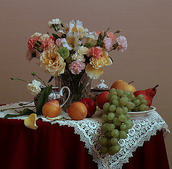 Still life, graphy, roses, beautiful, orange, flower basket, tangerine ...