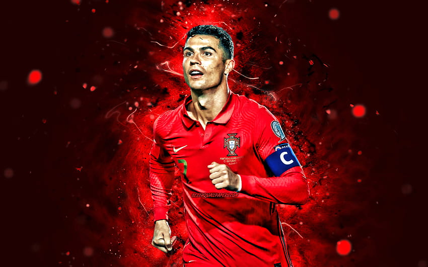 Cristiano Ronaldo, 2021, Seleção Nacional de Portugal, estrelas do futebol, , jogadores de futebol, futebol, luzes de neon vermelhas, Time de futebol português, CR7, Cristiano Ronaldo papel de parede HD