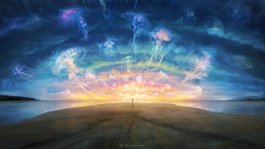 Sunset Jellyfish, sky, gaetan weltzer, sunset, blue, art, jellyfish, pink, fantasy, medusa, yellow, ography HD wallpaper