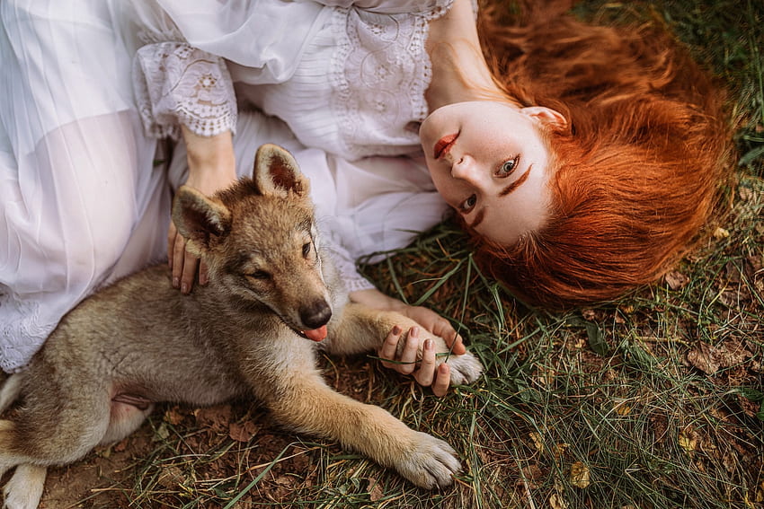 Redhead with puppy, woman, dog, aleksandra savenkova, model, girl, view from the top, anna sitkina, summer, puppy, redhead, caine, vara HD wallpaper