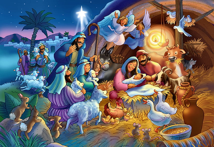 Райска нощ F, изкуство, красиво, хора, илюстрация, религия, произведение на изкуството, широк екран, , животни, сцена на Рождество Христово HD тапет