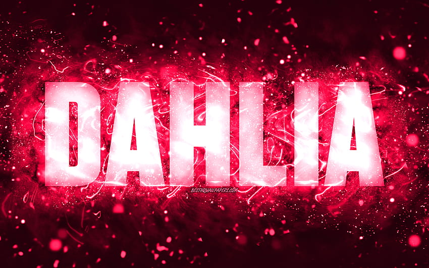 Happy Birtay Dahlia, luci al neon rosa, nome Dahlia, creativo, Dahlia Happy Birtay, Dahlia Birtay, famosi nomi femminili americani, con nome Dahlia, Dahlia Sfondo HD