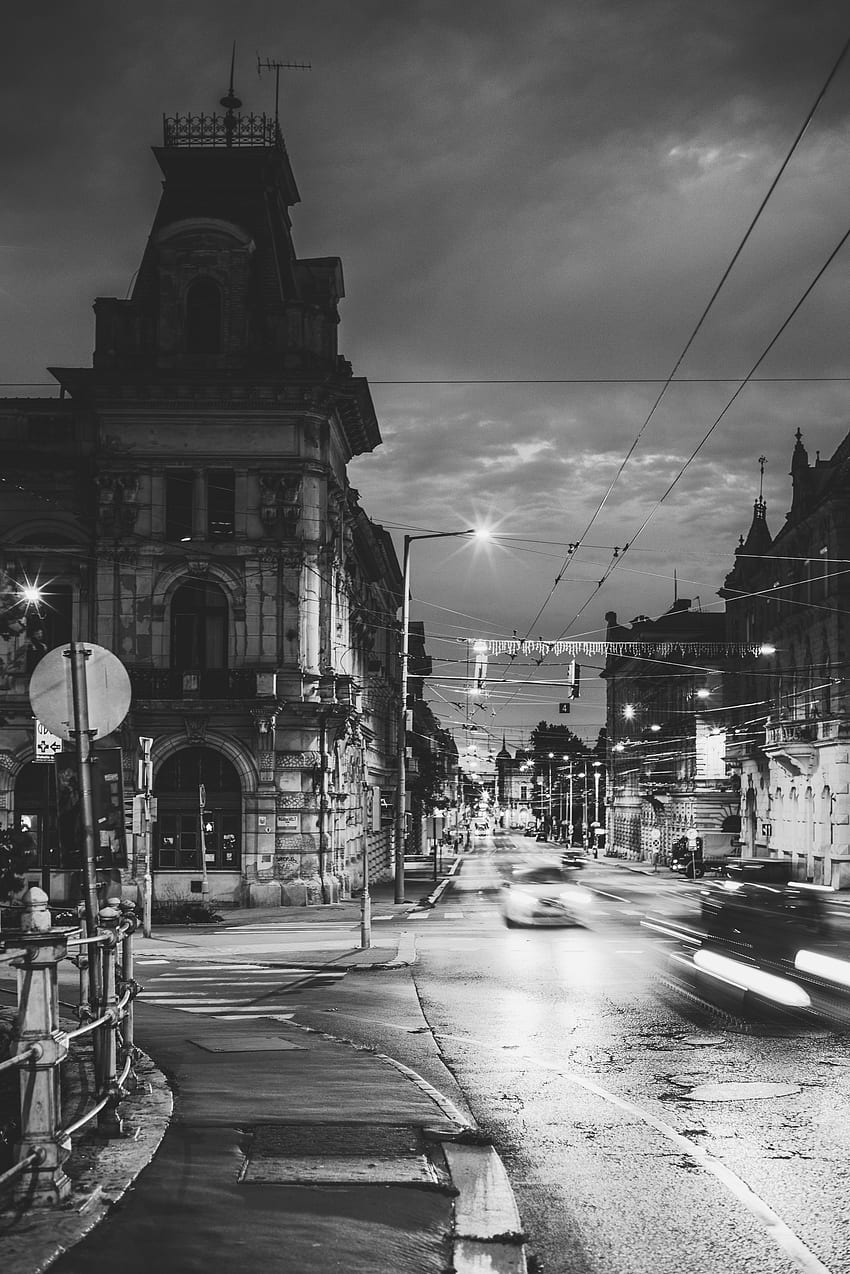 Cities, Movement, Traffic, Night City, Bw, Chb, Street, Hungary, Szeged HD phone wallpaper
