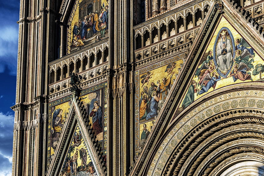 architecture, art, bible, cathedral, catholic, church, detail, dom, evening sun, facade, gloss, golden, gothic, history, impressive, italy, maria himmelfahrt, medieval, orvieto, places of interest, reflection, roman, , Rome Medieval HD wallpaper