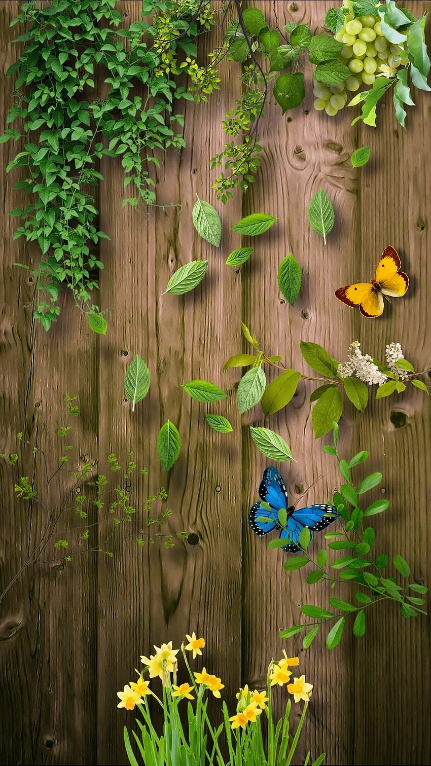 Pared de madera, flores, verde, ahorcado, mariposas, hojas. fondo de pantalla del teléfono