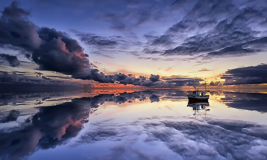 Cloudy Reflections of a Fishing Boat, Reflections, Boats, Nature, Clouds, Sky HD wallpaper
