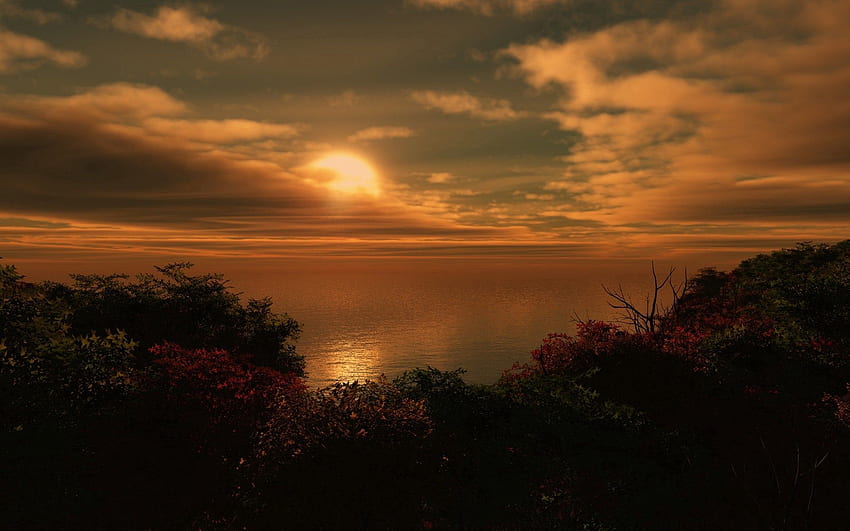 ธรรมชาติ ทะเล ดวงอาทิตย์ เมฆ พุ่มไม้ ฝั่ง ธนาคาร ตอนเย็น วอลล์เปเปอร์ HD
